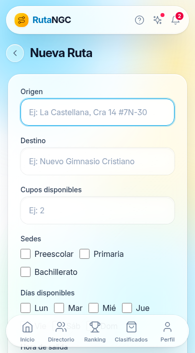 Formulario para crear nueva ruta