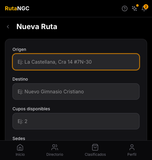 Formulario para crear nueva ruta