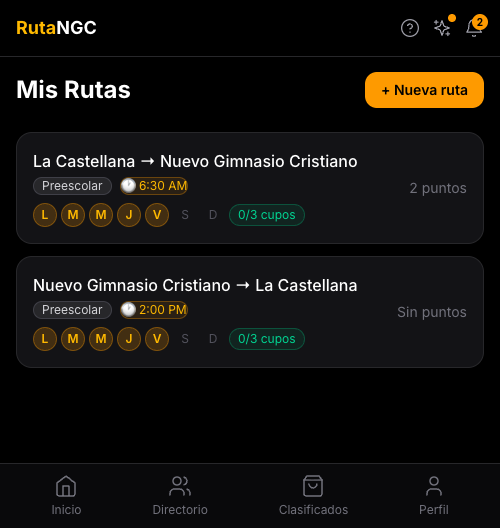 Listado de rutas